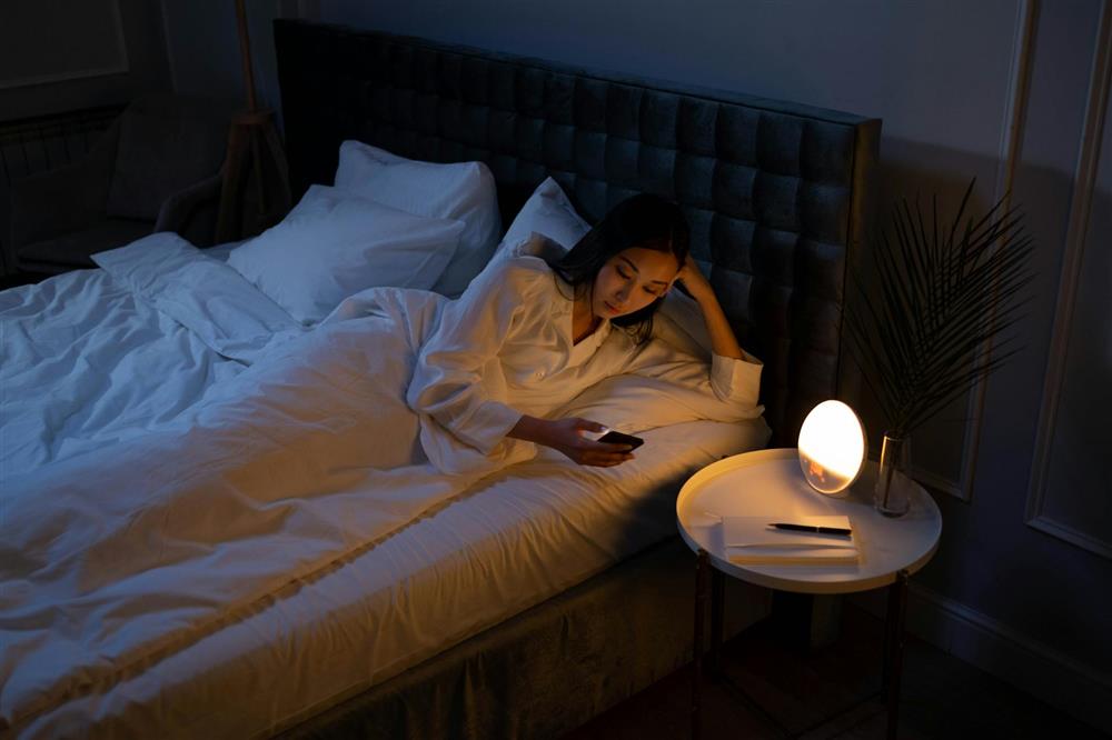 Woman using smartphone in bed at night, example of poor sleep hygiene and screen use before sleep.